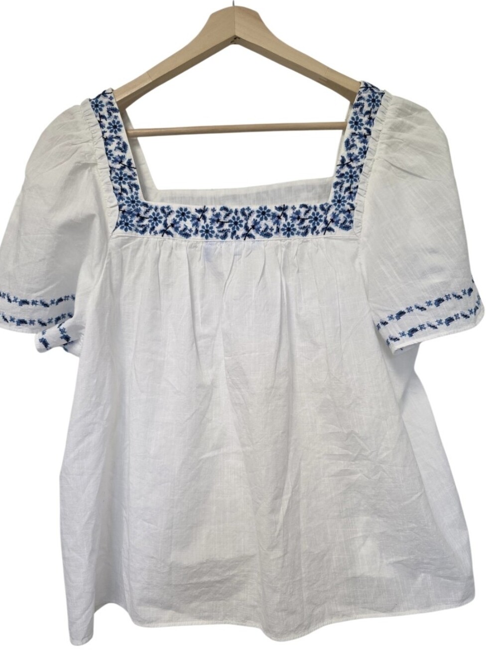 Draper James White Peasant Blouse with Blue Floral Embroidery